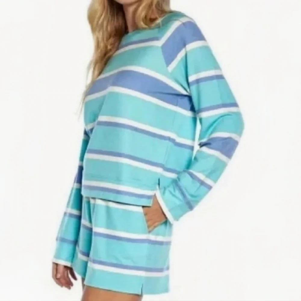 Wildfox Relaxed Color Block Ladies Lounge Pajama PJ Set Blue White Stripes L